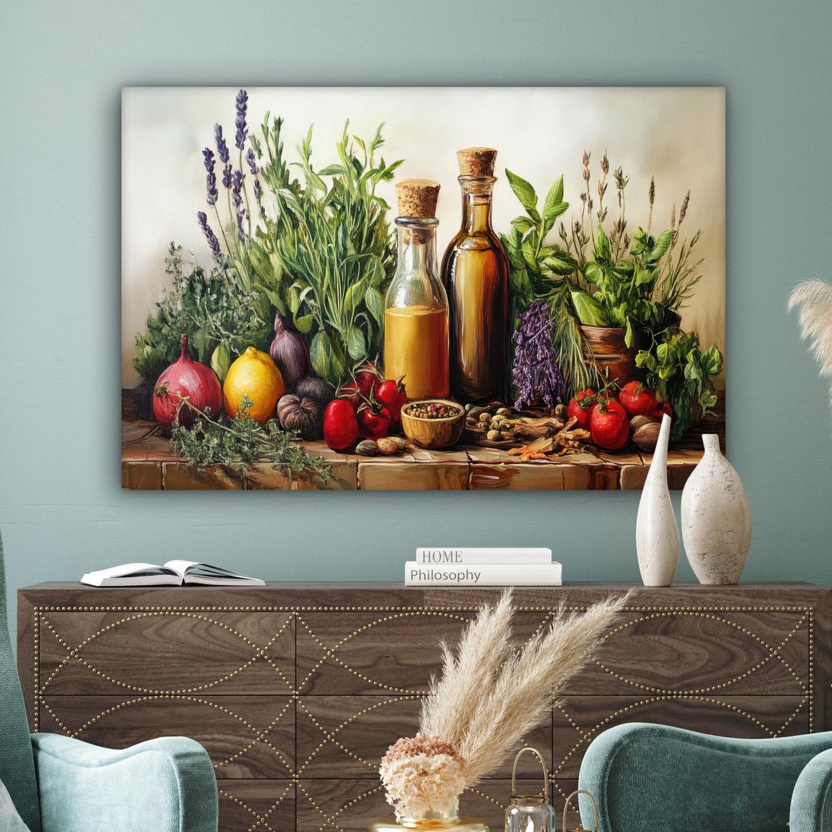 LEINWANDBILD Stilleben - Kräuter - Gewürze - Früchte - Farbenfroh Wohnzimmer Groß 120x80 cm - Grün, Textil (120/80cm) - MuchoWow