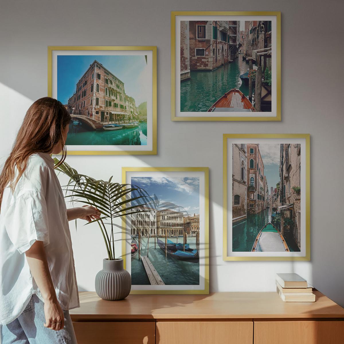 BILDER SET 4er Set - 50x50 cm & 40x60 cm Goldrahmen - Architektur der Kanäle von Venedig - Goldfarben, Kunststoff (50/50cm) - TULUP