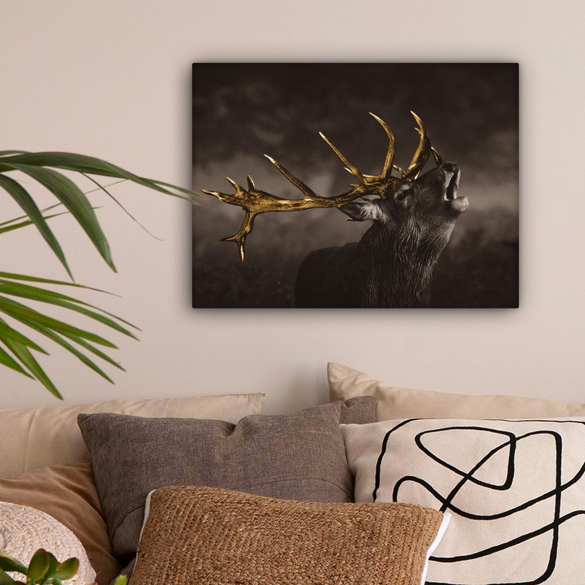 LEINWANDBILD Rotwild - Schwarz - Gold Wandbild 40x30 cm - Braun, Textil (40/30cm) - MuchoWow