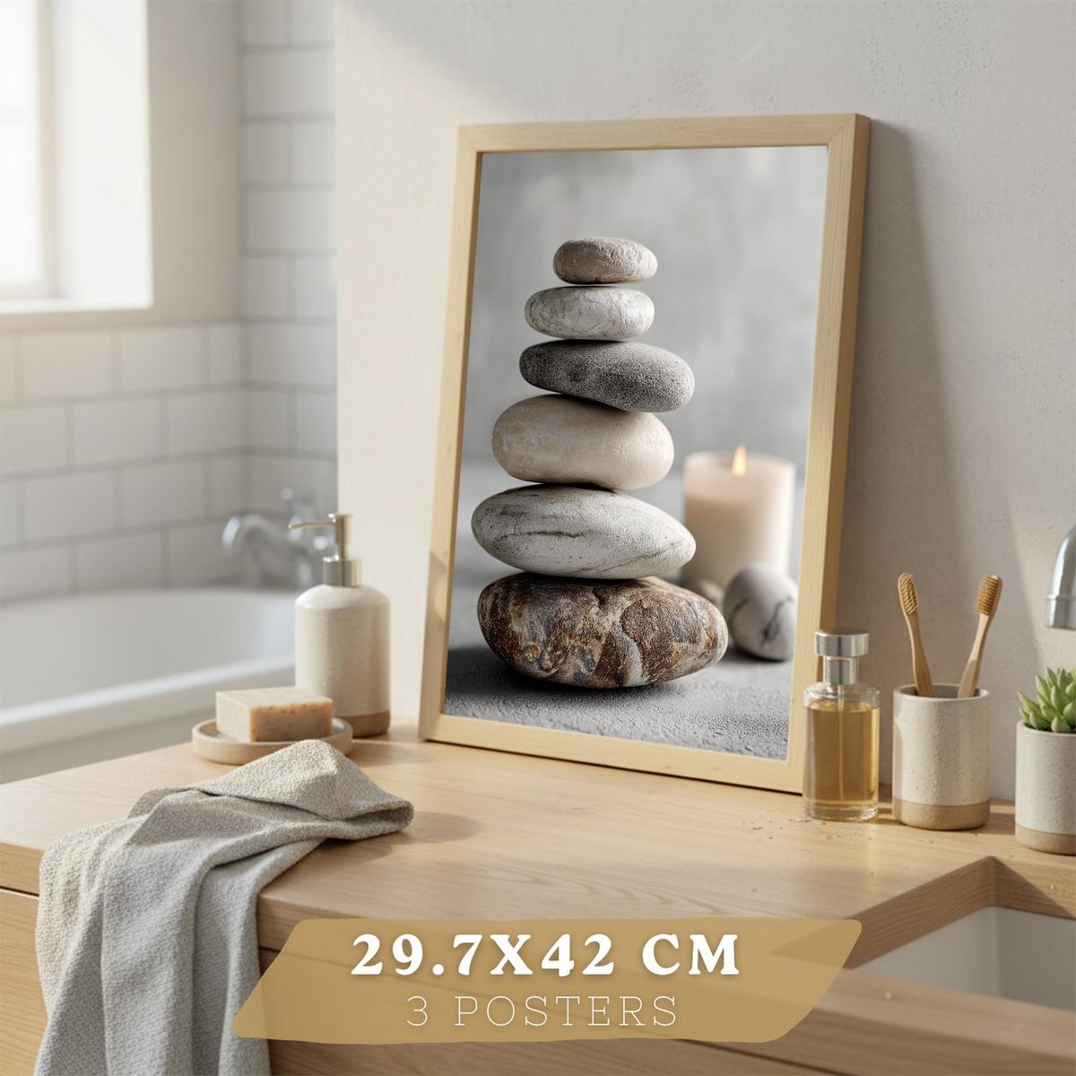 POSTER 3er-Set moderne Badezimmer-Wandposter, Entspannungsposter im Spa-Stil WC mit Steinen, Kerzen und Salzen, Zen-Dekoration Leichter Holzrahmen A3 - Beige, Papier (42/29.7/3cm) - Nacnic