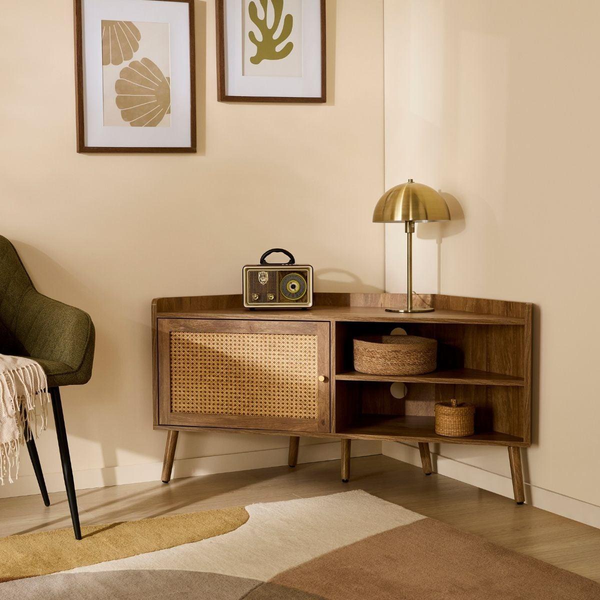 ECK-TV-MÖBEL mit 1 Tür und Rattanfront sowie 2 offenen Fächern, L120 cm 40/120/60 cm - Eschefarben, Holzwerkstoff (40/60/48.5cm) - Calicosy