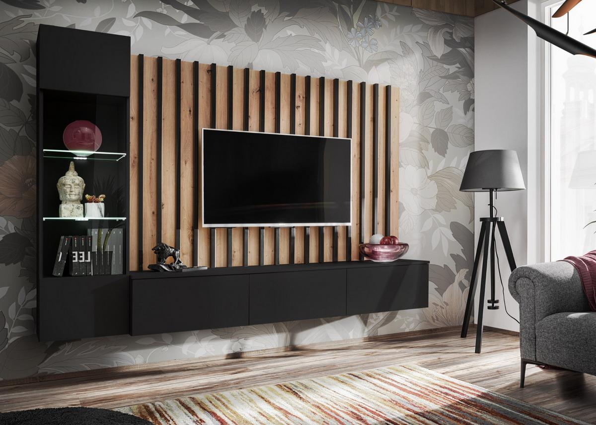 WOHNWAND schwarz, Artisan Eiche 220 cm, Schrankwand inkl. LED Beleuchtung - Schwarz/Eiche Artisan, Glas/Holzwerkstoff (220/148/35cm) - Furn.Design