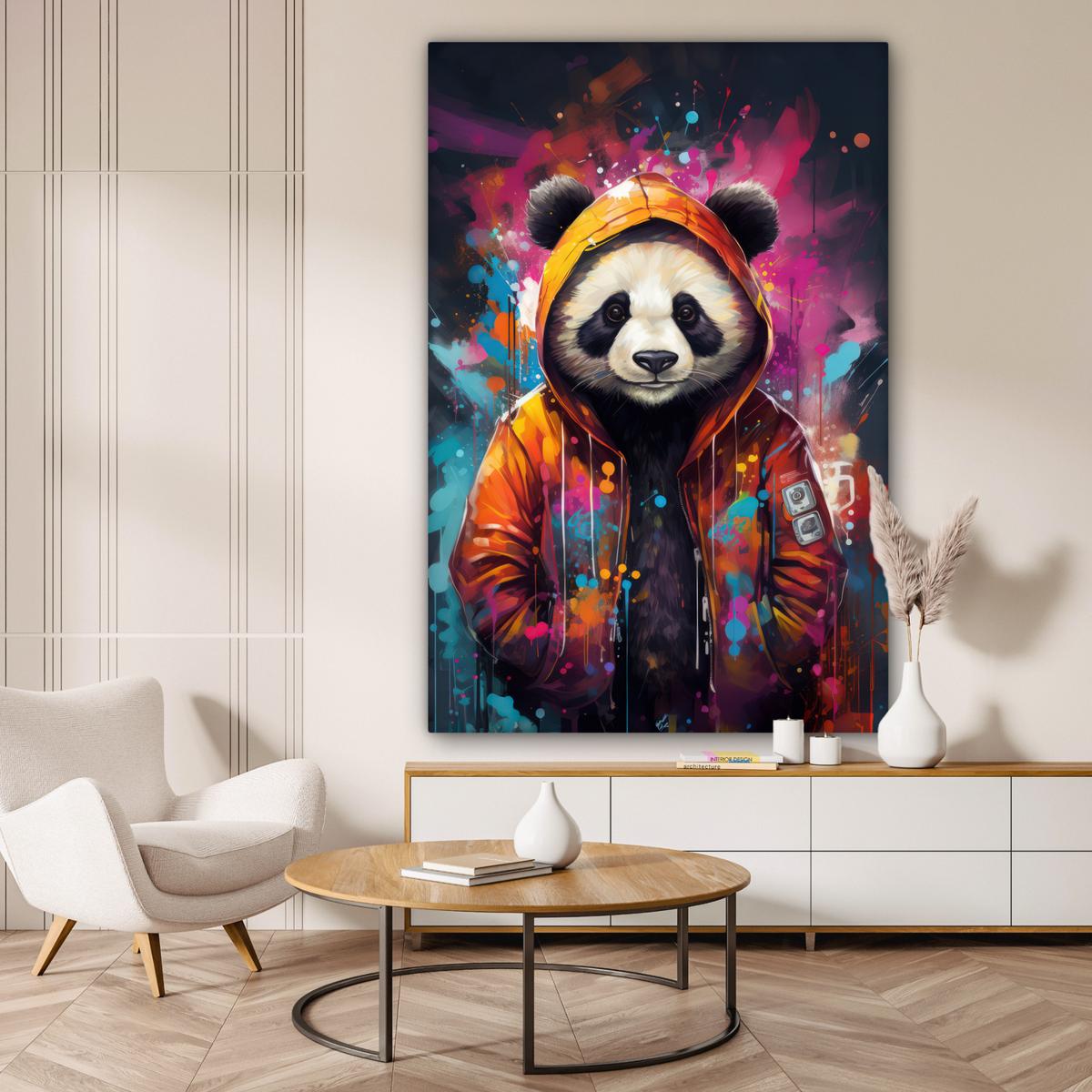 LEINWANDBILD Panda - Jacke - Graffiti - Orange Deko Groß 90x140 cm - Orange, Textil (90/140cm) - MuchoWow