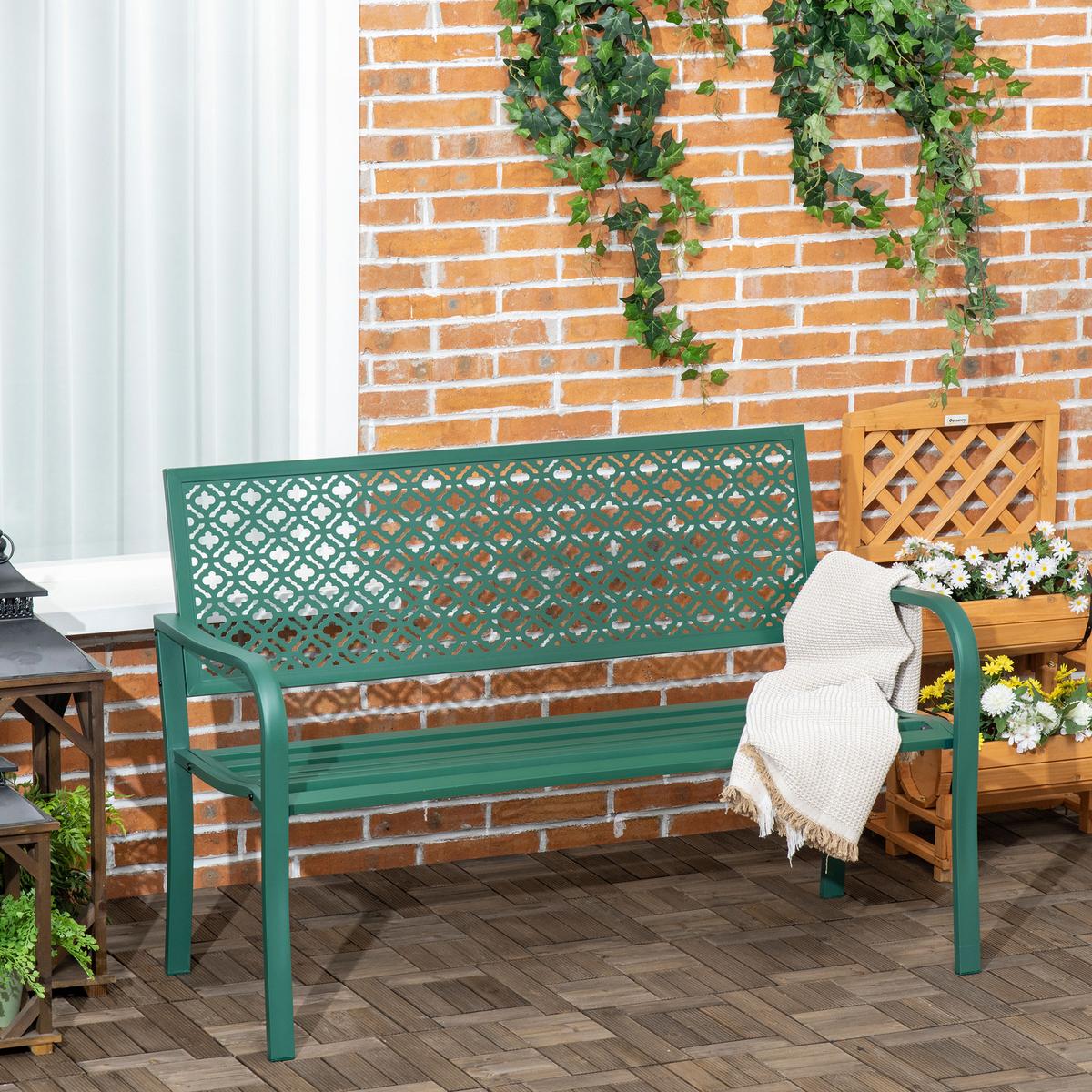 SITZBANK MIT BLUMENMUSTER, max. 240 kg, 127 x 63 x 83 cm, Stahl, Dunkelgrün - Dunkelgrün, Metall (63/83/127cm) - Outsunny