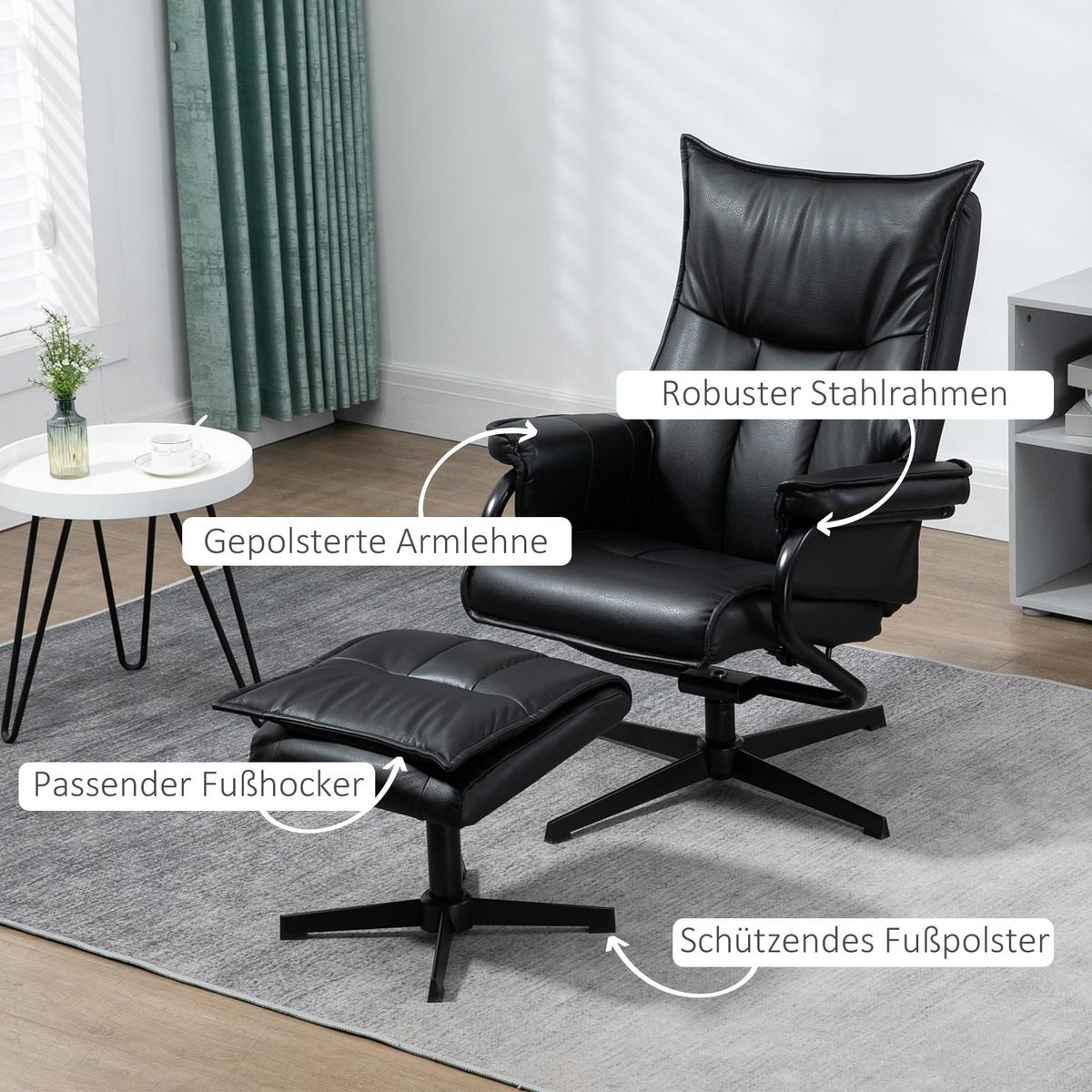 RELAXSESSEL, Kunstleder, Stahl, Schwarz - Schwarz, Kunststoff (84/101/75cm) - HOMCOM