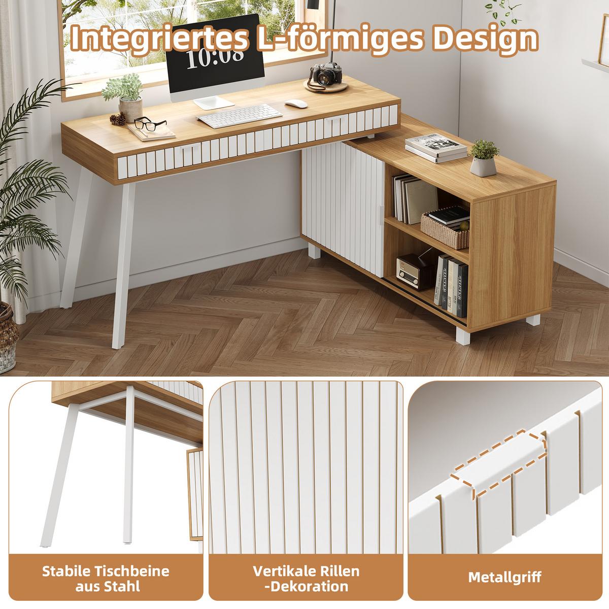 BÜROSCHREIBTISCH in natur & weiß, stahlgestell, rillen-design - Naturfarben, Holzwerkstoff (120/140/76.5cm) - Urban Meuble