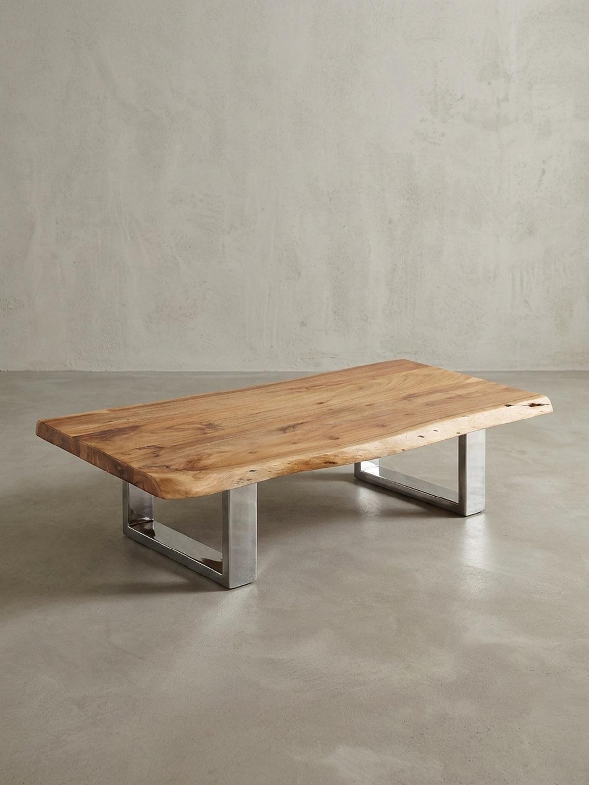 COUCHTISCH Akazienholz Massiv, Baumkanten Design, Landhausstil, Metallbeine Stabil - Beige/Silberfarben, Holz/Metall (58/115/25cm) - KADIMA DESIGN