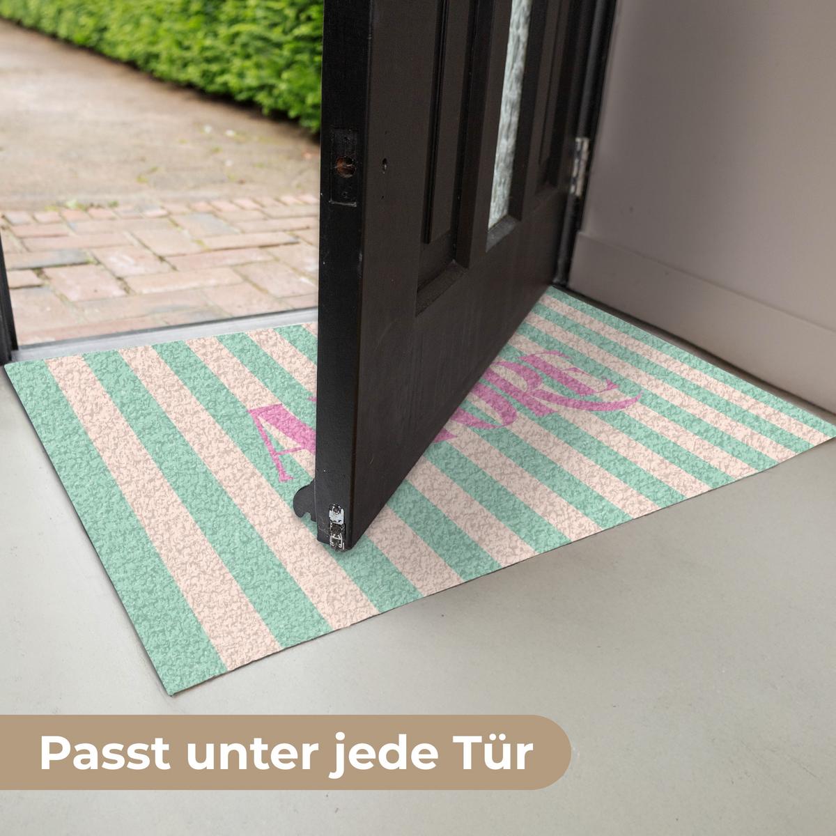 FUSSMATTE Rosa – Grün – Streifen – Amore 90x60 cm - Mintgrün, Kunststoff (90/0.4cm) - MuchoWow