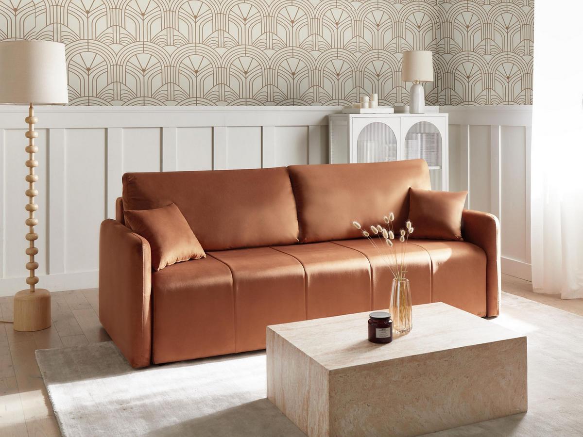 SCHLAFSOFA 3-Sitzer Samtstoff Goldbraun Egge - Goldfarben, Textil (220/88/93cm) - Beliani