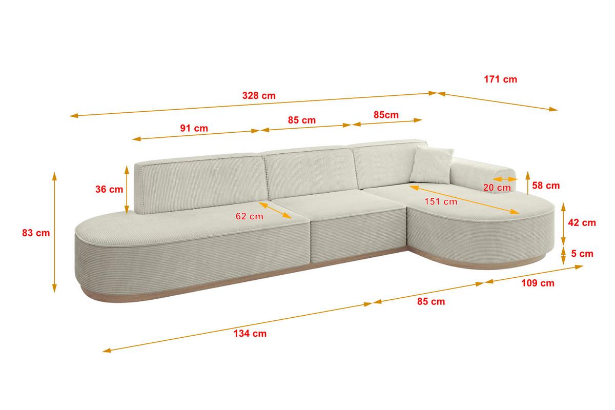 ECKSOFA Ottomane Rechts MARI-L2-v1 - 328x171x83 cm Creme Cord - Hellgrau/Creme, Holzwerkstoff/Textil (171/328cm) - ALTDECOR