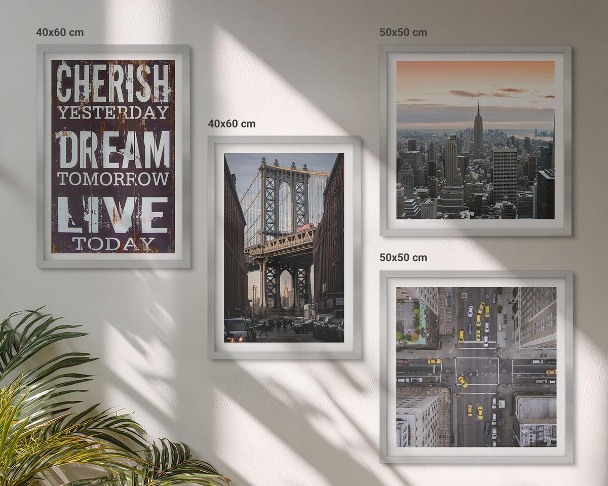 BILDER SET 4er Set - 50x50 cm & 40x60 cm Silberner Rahmen - Zitat über New Yorker Landschaften - Silberfarben, Kunststoff (50/50cm) - TULUP
