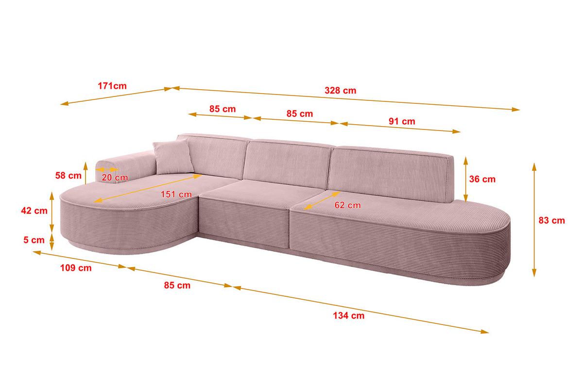 ECKSOFA Ottomane Links MARI-L2-v3 - 328x171x83 cm Rosa Cord - Schwarz/Rosa, Holzwerkstoff/Kunststoff (328/171cm) - ALTDECOR