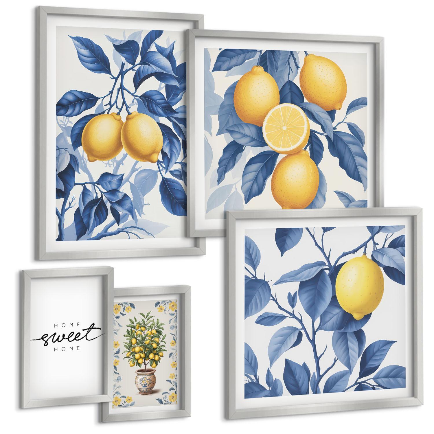 BILDER SET 5er Set - 50x50 cm & 20x30 cm & 40x60 cm Silberner Rahmen - Zitronenzweige mit blauen Blättern - Silberfarben, Kunststoff (40/60cm) - TULUP