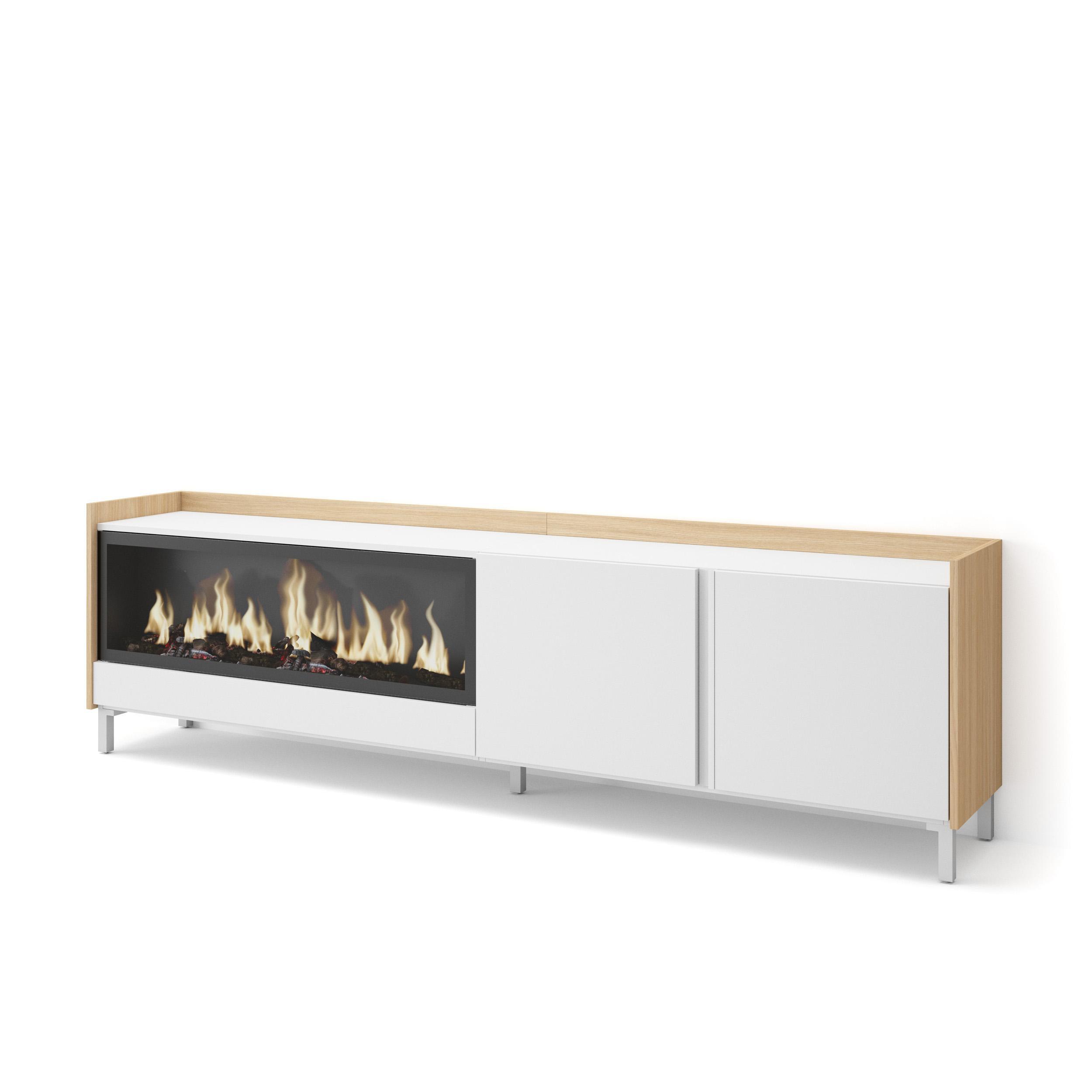 LOWBOARD, Weiß und Eiche, 212/35/61cm, Kamin mit Feuereffekt XXL - Weiß, Holzwerkstoff (212/61/35cm) - Skraut Home