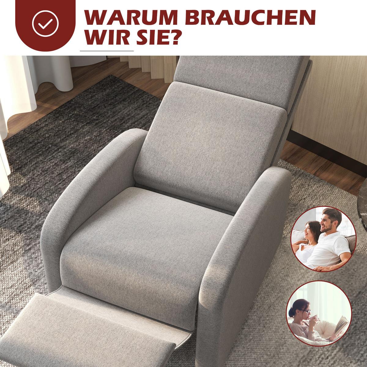 RELAXSESSEL gepolstert Fernsehsessel mit Liegefunktion bis 120 kg Belastbar Grau - Schwarz/Grau, Kunststoff/Textil (64/102/86cm) - HOMCOM