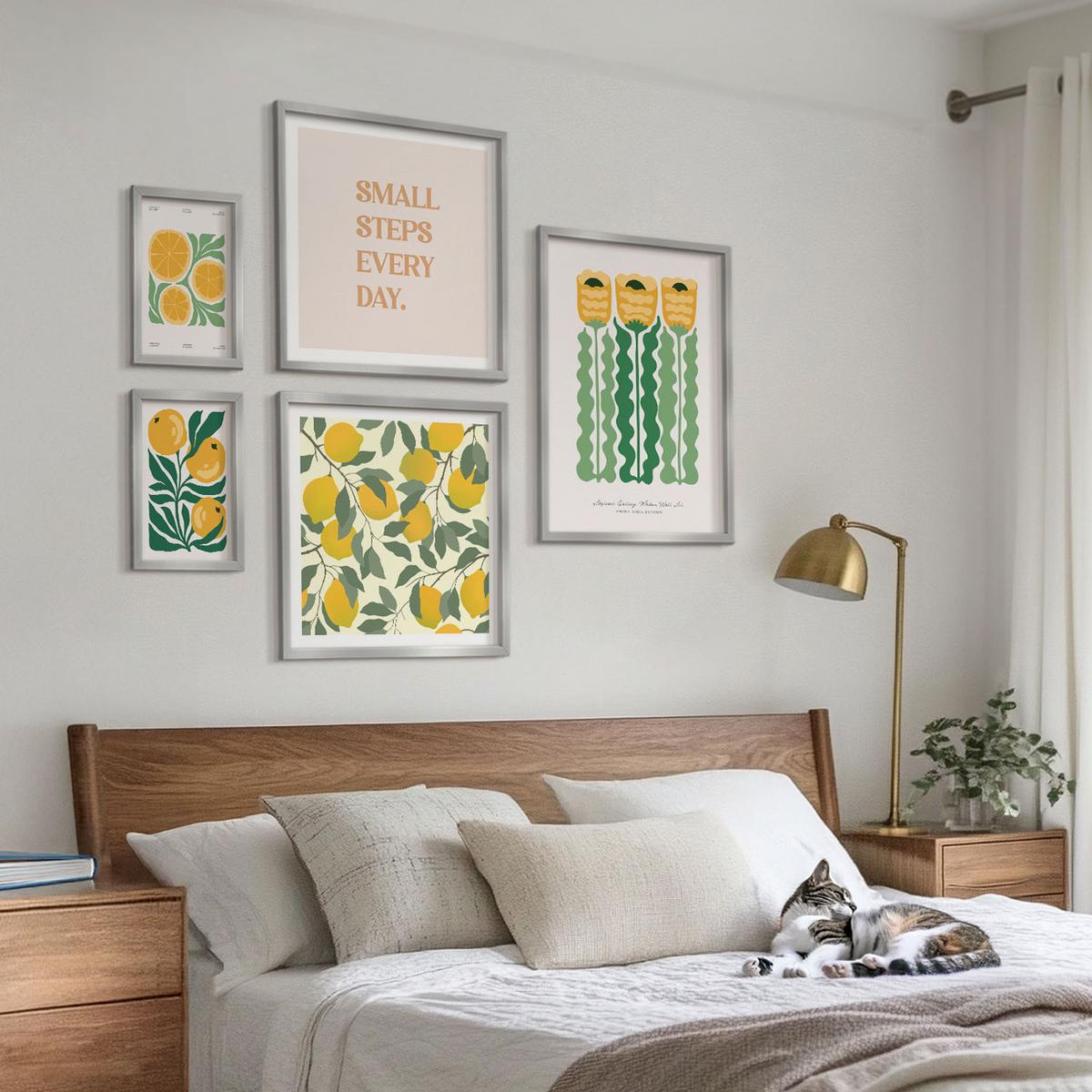 BILDER SET 5er Set - 50x50 cm & 20x30 cm & 40x60 cm Silberner Rahmen - Pflanzenmuster mit Blumen - Silberfarben, Kunststoff (40/60cm) - TULUP