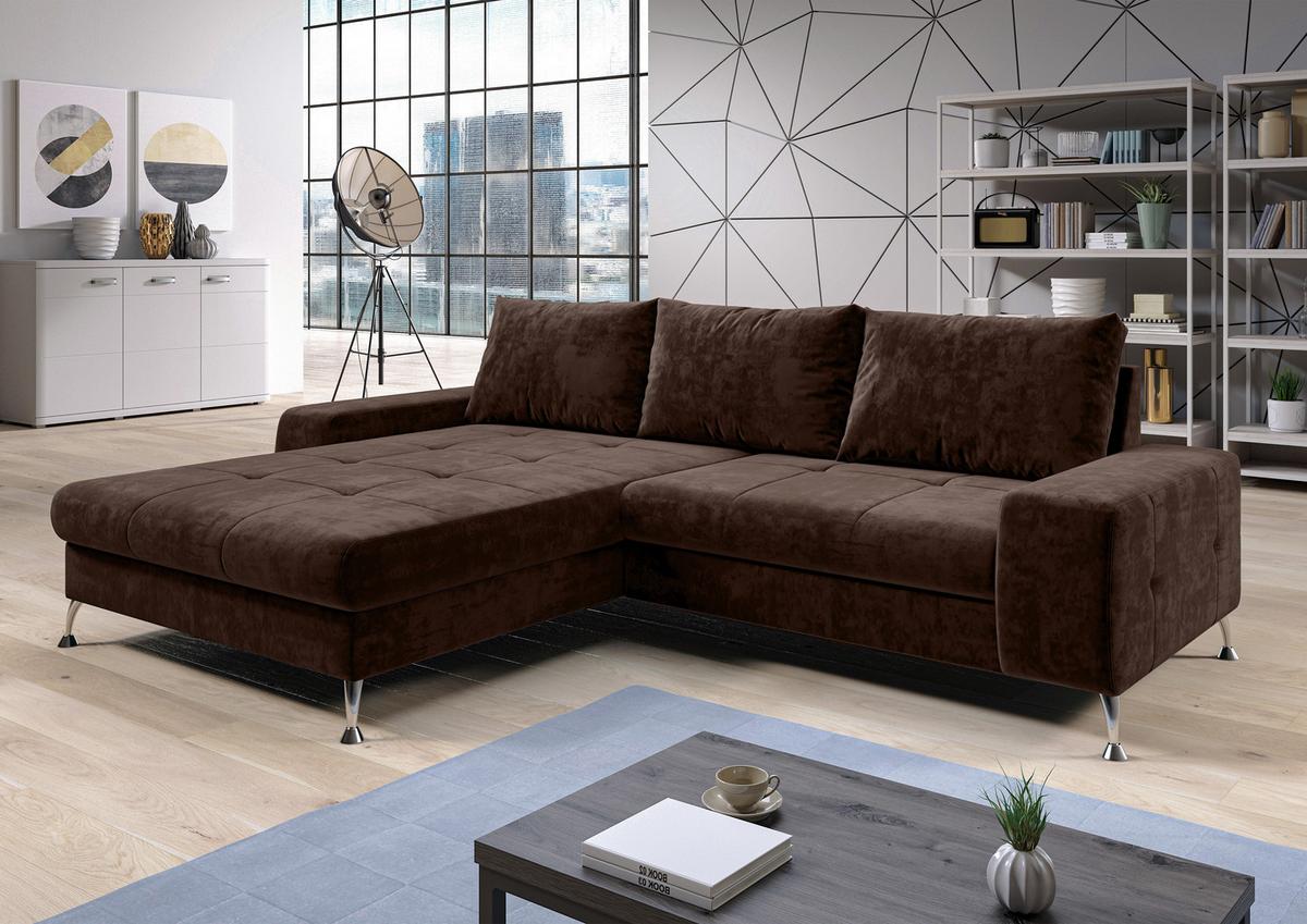 ECKSOFA L Form Artemia Braun Samt 275/192/81 cm – modernes Sofa fürs Wohnzimmer L - Silberfarben/Braun, Textil/Metall (192/275cm) - AX Living