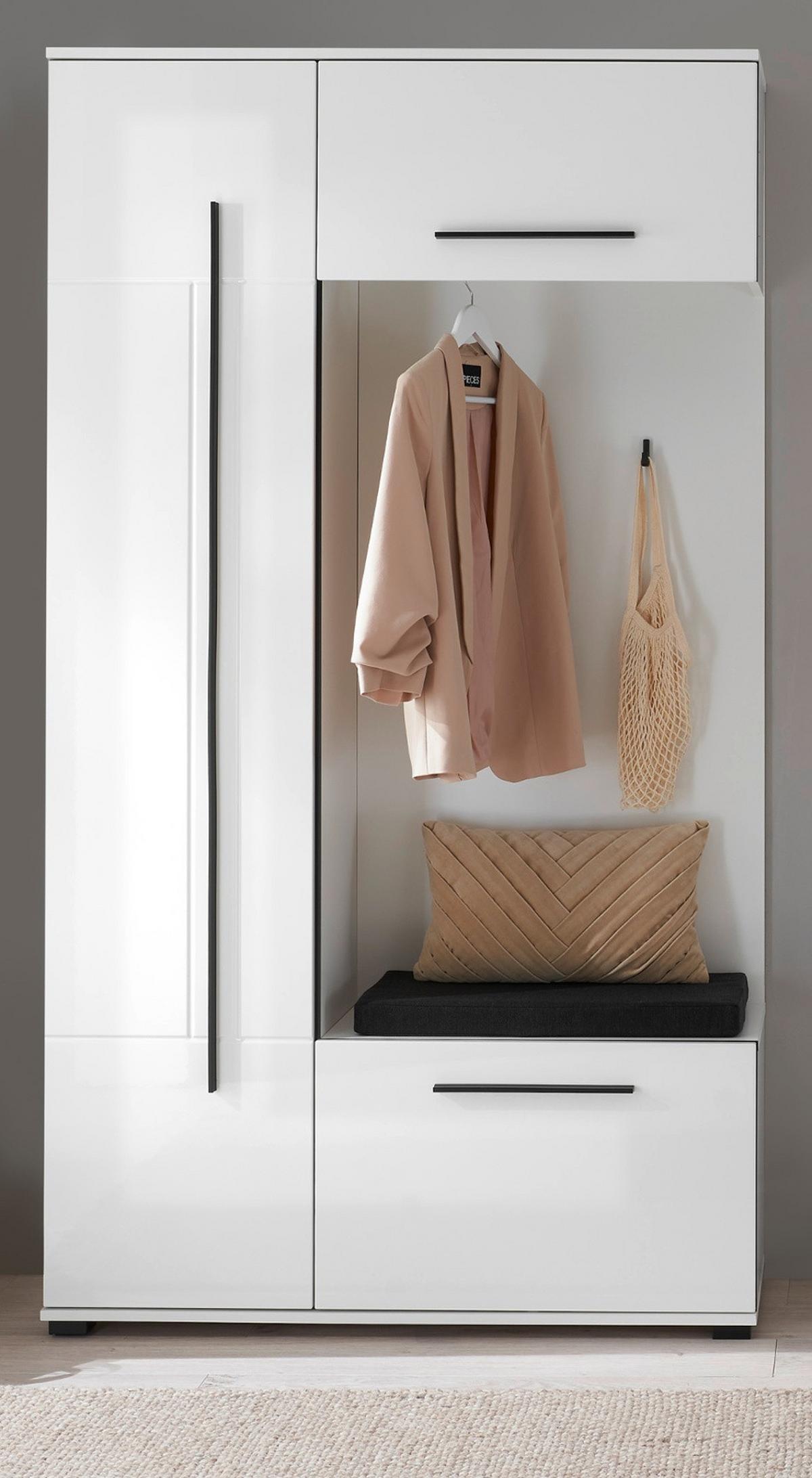 KOMPAKTGARDEROBE weiß Hochglanz 111 x 200 cm, Garderobe mit Soft-Close - Weiß Hochglanz/Schwarz, Holzwerkstoff/Kunststoff (111/200/37cm) - Furn.Design