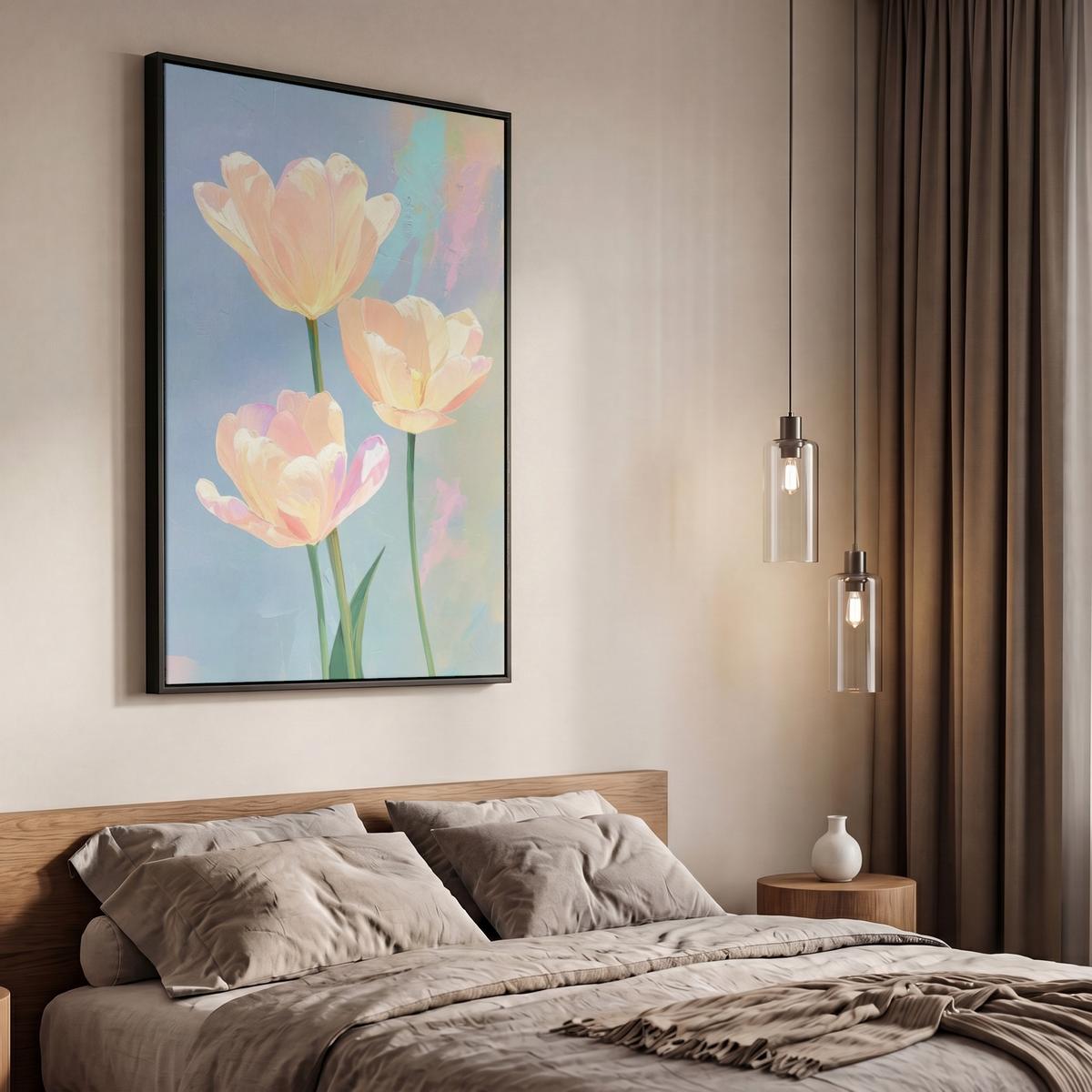 LEINWAND Bilder mit Rahmen - Tulpen - Rosa Akzente - Blau - 60x90 - Pastellblau, Textil (60/90cm) - MuchoWow