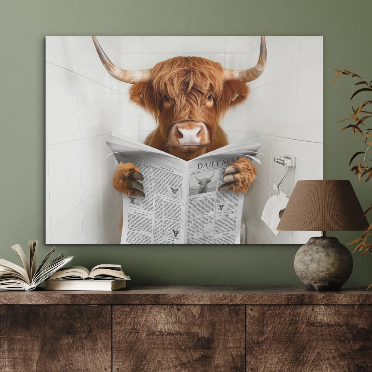 AKUSTIKBILD Schottischer Highlander - Tier - Zeitung - Toilette Gemälde 80x60 cm - Kastanienfarben, Kunststoff (80/60/0.9cm) - MuchoWow