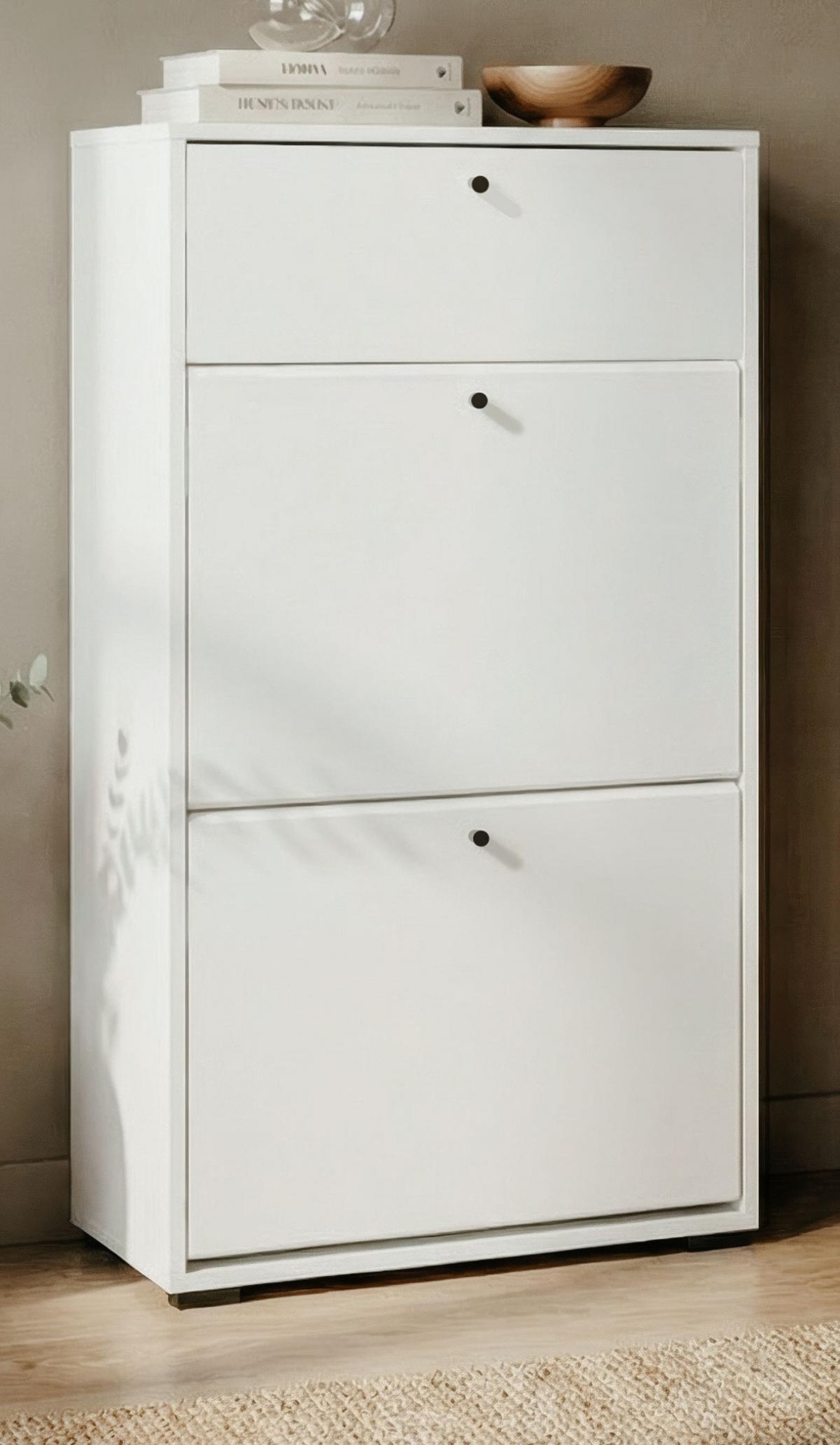 SCHUHKIPPER weiß 58 x 111 cm, Schuhkommode mit Klappen und Schubkasten - Schwarz/Weiß, Holzwerkstoff/Kunststoff (58/111/25cm) - Furn.Design