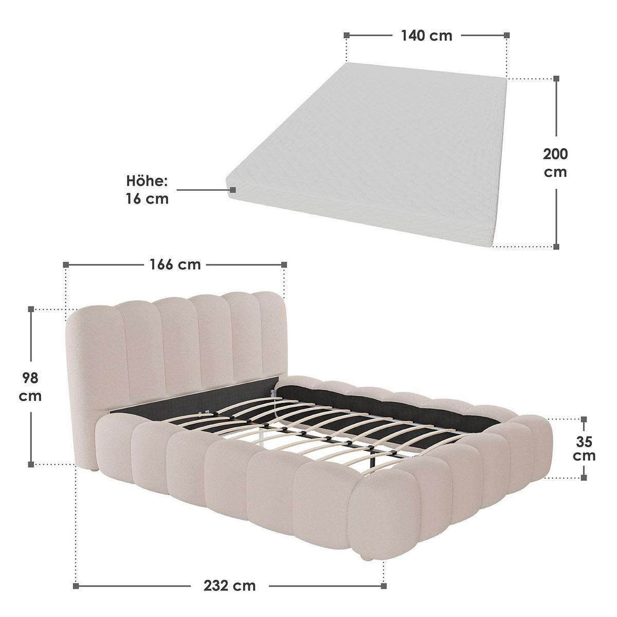 POLSTERBETT Catania 140/200 cm Beige Bouclé inkl Matratze - Beige, Textil (140/200cm) - Juskys