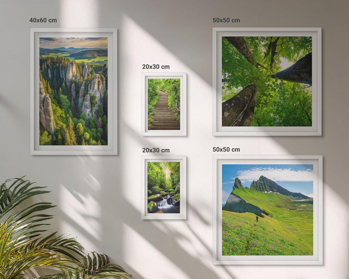 BILDER SET 5er Set - 50x50 cm & 20x30 cm & 40x60 cm Weißer Rahmen - Grüne Berge Wasserfallwald - Weiß, Kunststoff (40/60cm) - TULUP