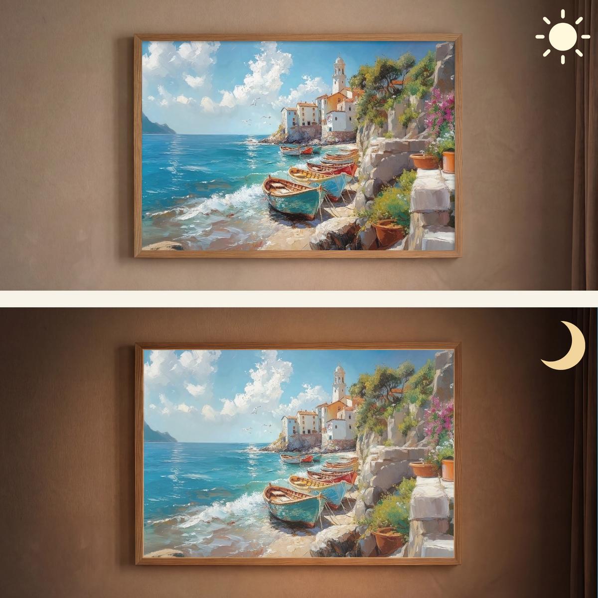 WANDLEUCHTE MIT AKKU Boote - Felsen - Meer - Sonne 100x70 cm - Blau, Holzwerkstoff (100/70/8cm) - OnlyWow