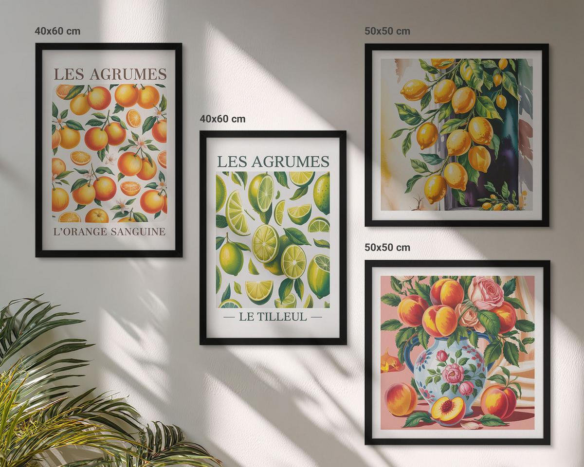 BILDER SET 4er Set - 50x50 cm & 40x60 cm Schwarzer Rahmen - Frische, farbenfrohe Zitrusfrüchte - Schwarz, Kunststoff (50/50cm) - TULUP