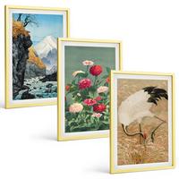 BILDER SET 3er Set - 40x60 cm Goldrahmen - Berglandschaft, Fluss, Blumen, Kraniche - Goldfarben, Kunststoff (40/60cm) - TULUP