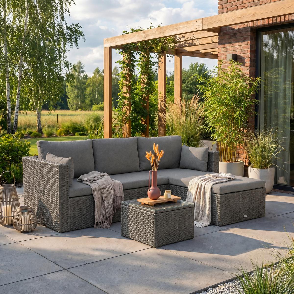 GARTENSET Sevilla, aus Technorattan, Ecksofa mit Couchtisch, Graphitfarben - Graphitfarben, Kunststoff - Beautysofa