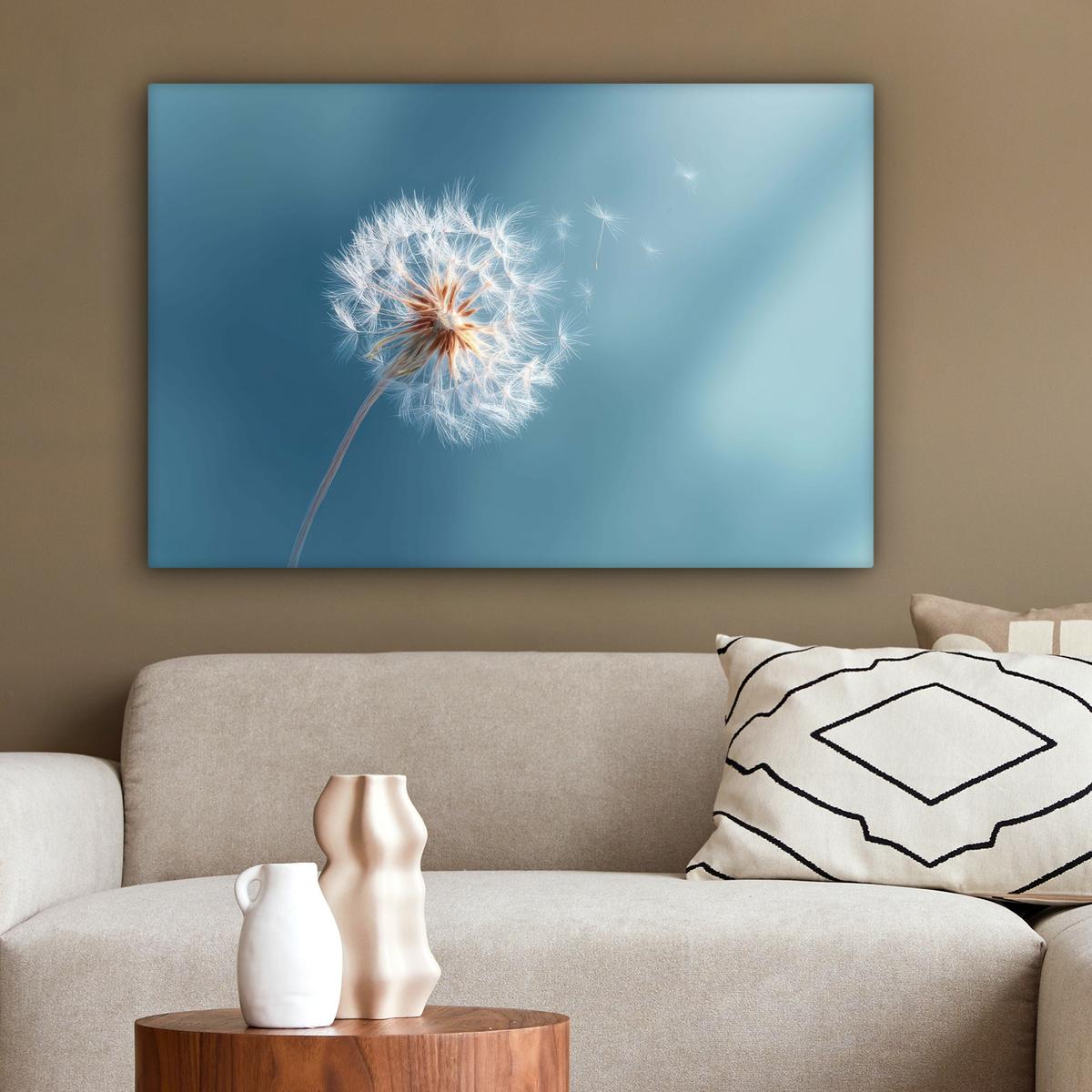 LEINWANDBILD Löwenzahn - Wind - Blau Gemälde 60x40 cm - Blaugrau, Textil (60/40cm) - MuchoWow