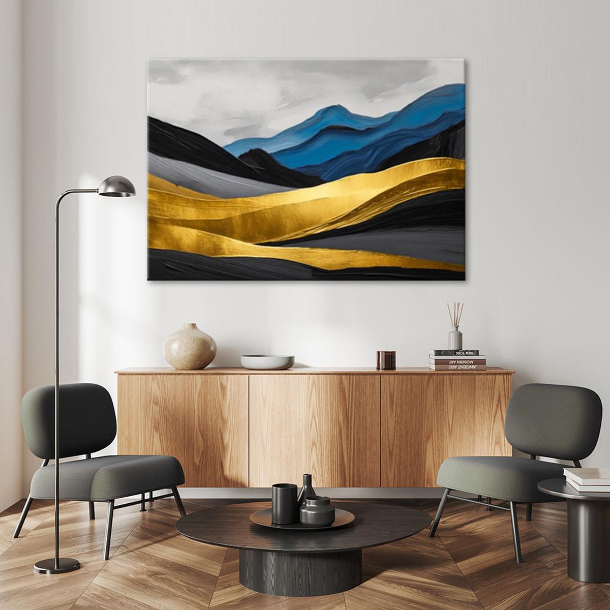 LEINWANDBILD Berge abstrakt gold glamour 100x70cm - Gelb, Textil (100/70cm) - Feeby