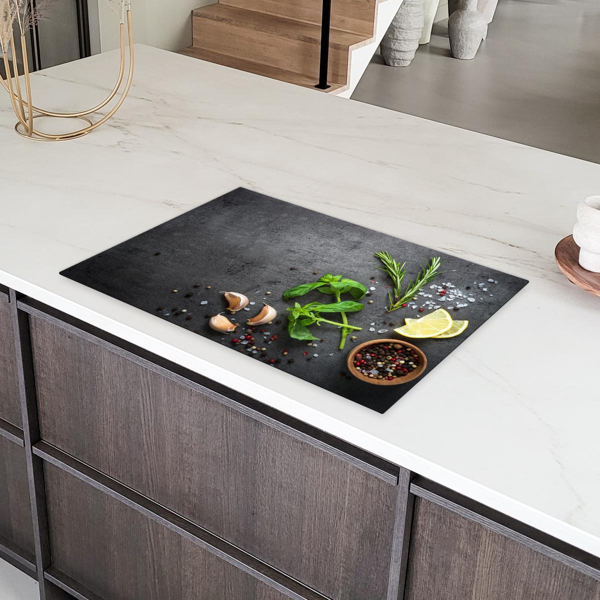 HERDABDECKPLATTE Limette - Kräuter - Gewürze - Grün - Grau - Beton Induktionsmatte 81x52 cm - Grün, Kunststoff (81/52/0.2cm) - MuchoWow