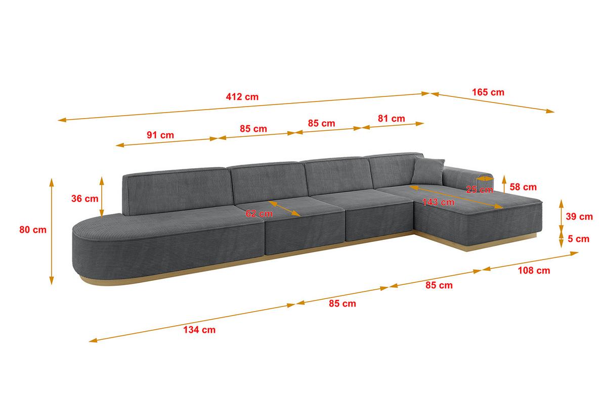 ECKSOFA Ottomane Rechts IREA-L3-v2 - 412x165x80 cm Duneklgrau - Dunkelgrau, Holzwerkstoff/Textil (412/165cm) - ALTDECOR