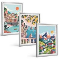 BILDER SET 3er Set - 40x60 cm Silberner Rahmen - Farbenfrohe Berge und Städte - Silberfarben, Kunststoff (40/60cm) - TULUP