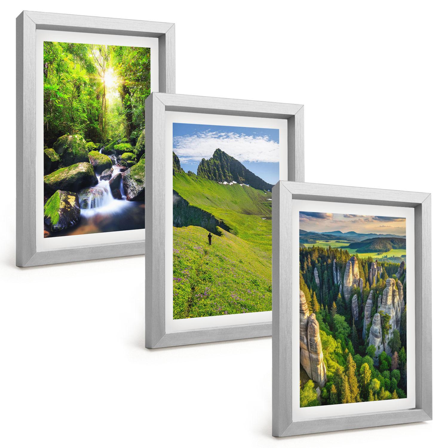 BILDER SET 3er Set - 20x30 cm Silberner Rahmen - Grüne Berge Wasserfallwald - Silberfarben, Kunststoff (20/30cm) - TULUP