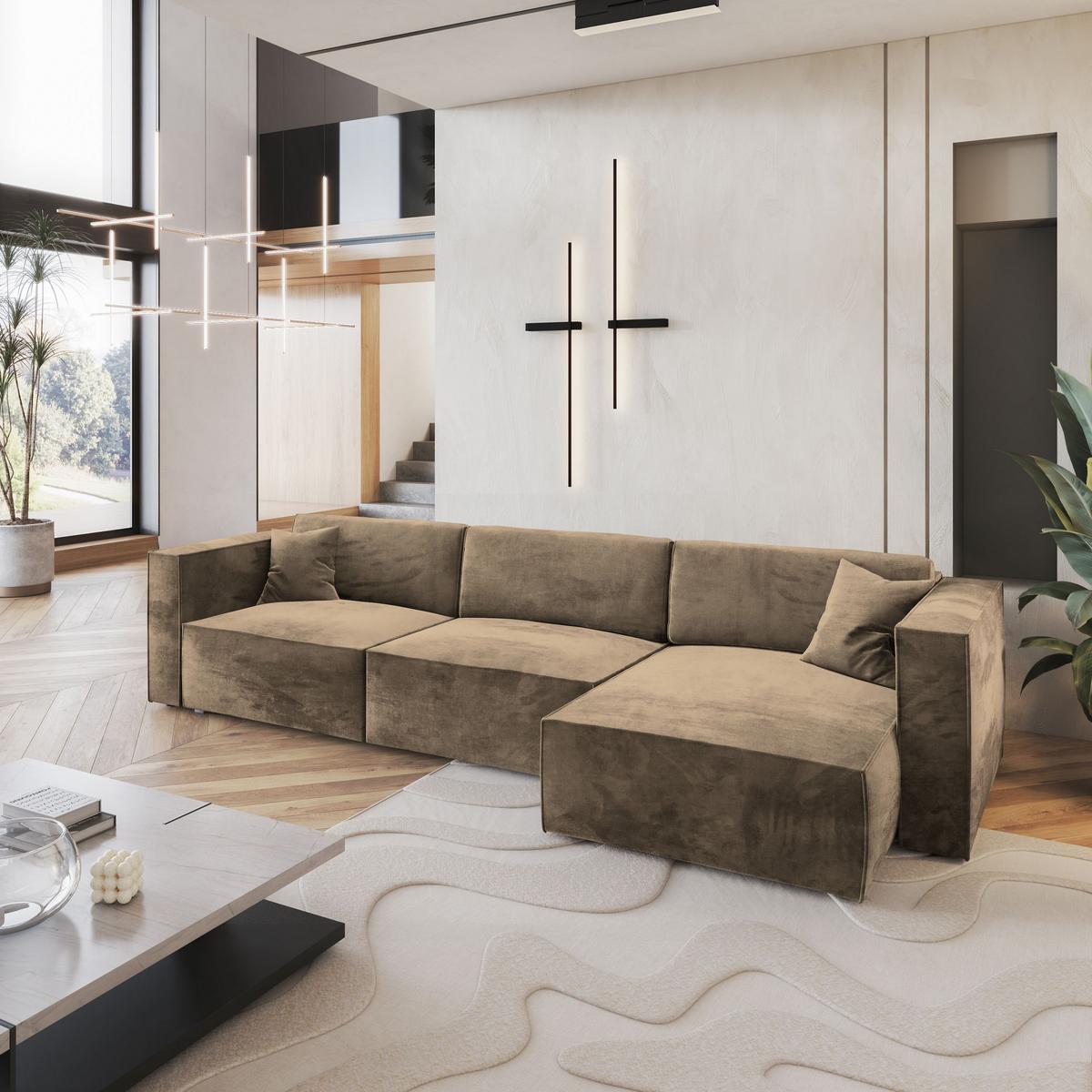 ECKSOFA TOLMO M Beige Velours-Stoff mit Schlaffunktion - Beige/Grau, Holz/Kunststoff (347/148cm) - MASSENO