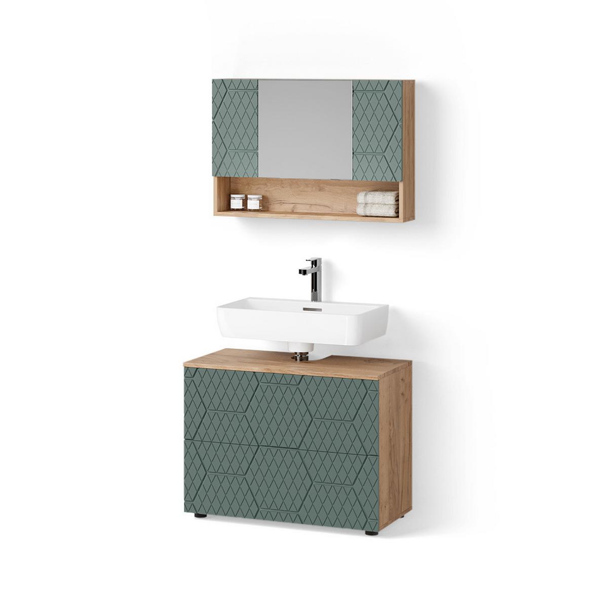 BADMÖBEL-SET Ronco Grün/Goldkraft Eiche 2 Teile, Unterschrank 80 cm - Honigeiche/Grün, Holzwerkstoff (80/58/41cm) - Livinity®
