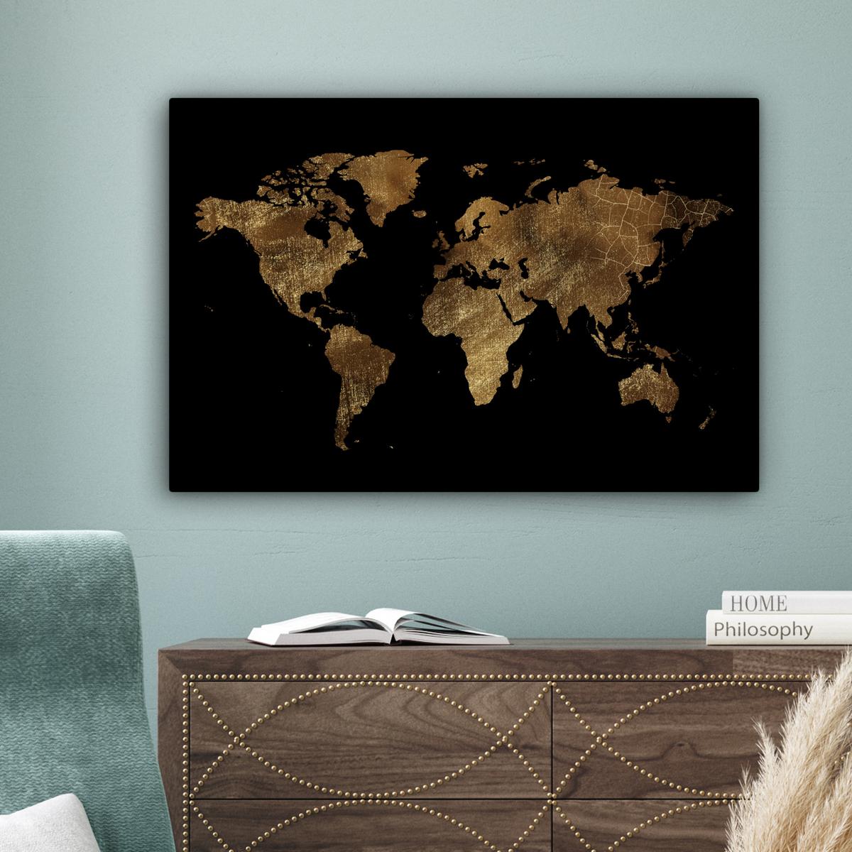 LEINWANDBILD Weltkarte - Gold - Luxus - Erde - Schwarz Gemälde 60x40 cm - Goldfarben, Textil (60/40cm) - MuchoWow