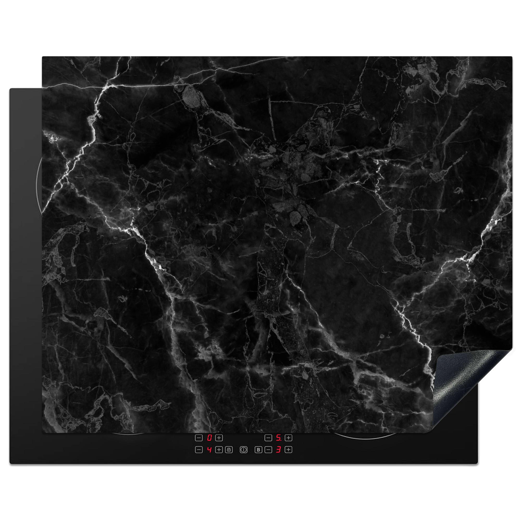 HERDABDECKPLATTE Marmor - Schwarz - Weiß - Textur - Marmoroptik Herdabdeckung Induktionsfeld 65x52 cm - Silberfarben, Kunststoff (65/52/0.2cm) - MuchoWow