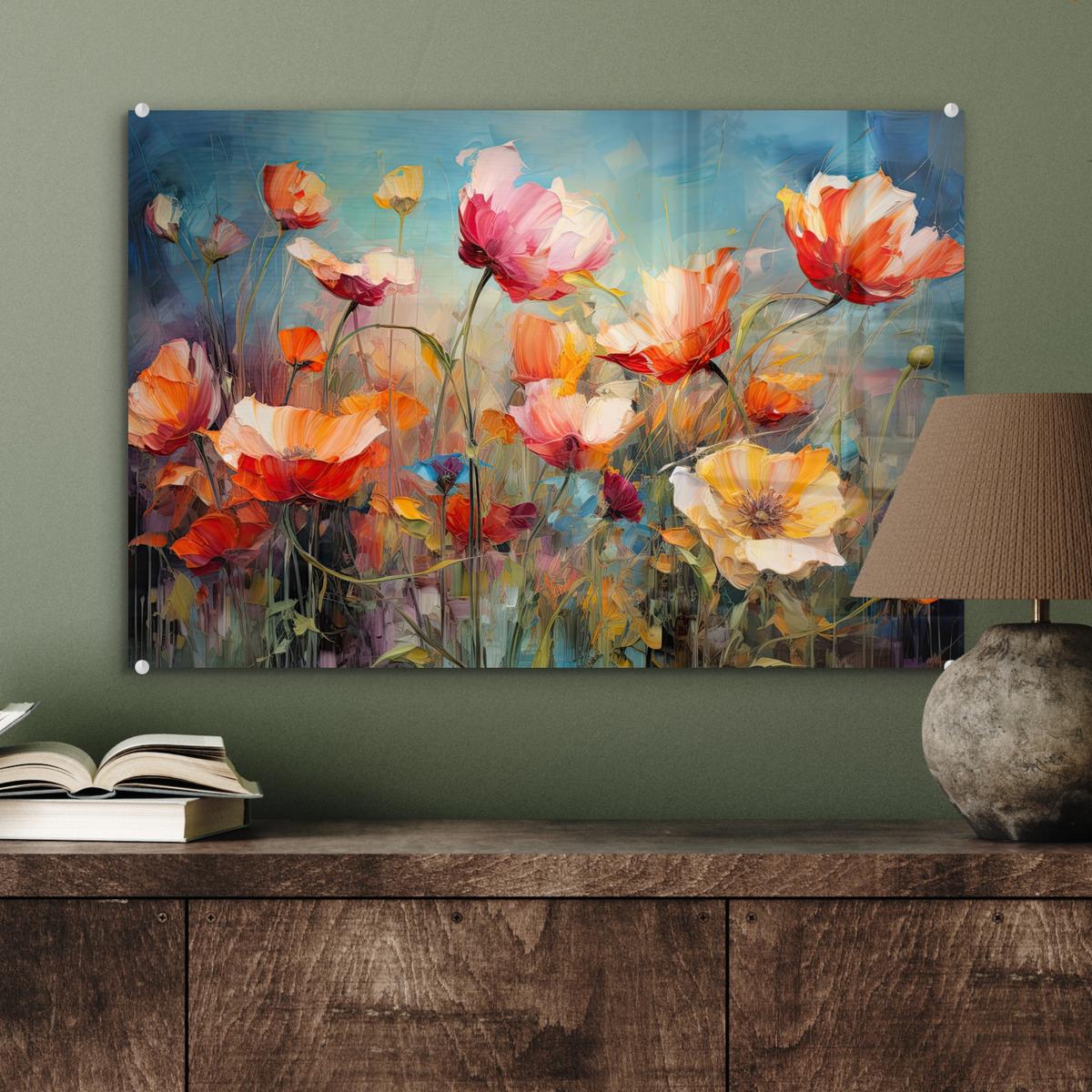 ACRYLGLASBILD Blumen - Aquarell - Kunst - Botanisch - Natur Wanddeko 60x40 cm - Orange, Glas (60/40cm) - MuchoWow