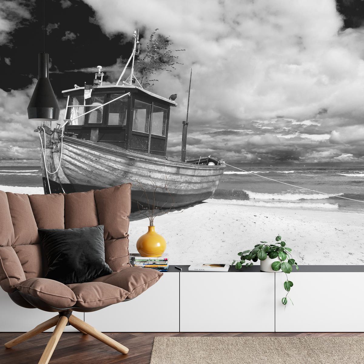 FOTOTAPETE für Wohnzimmer Schwarz-Weiß Boot Strand Meer 100x70 - Schwarz/Weiß, Papier (100/70cm) - Muralo