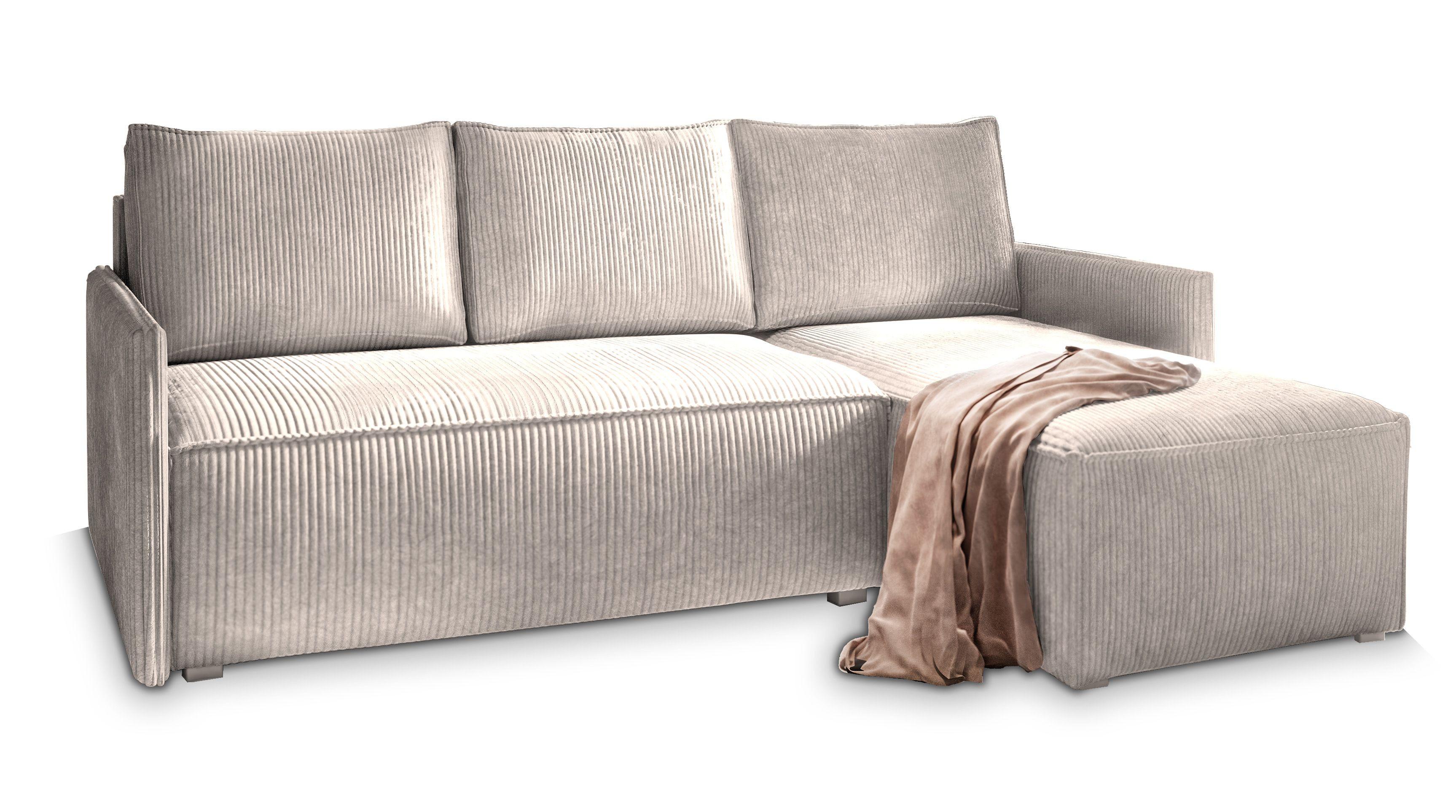 ECKSOFA PERUSI Creme Kordstoff mit Schlaffunktion - Creme/Grau, Holz/Kunststoff (206/143cm) - MASSENO