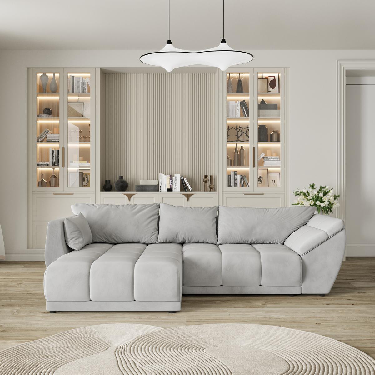 ECKSOFA ORENTI L-S Hellgrau Velours-Stoff mit Schlaffunktion - Hellgrau, Holz (287/182cm) - MASSENO