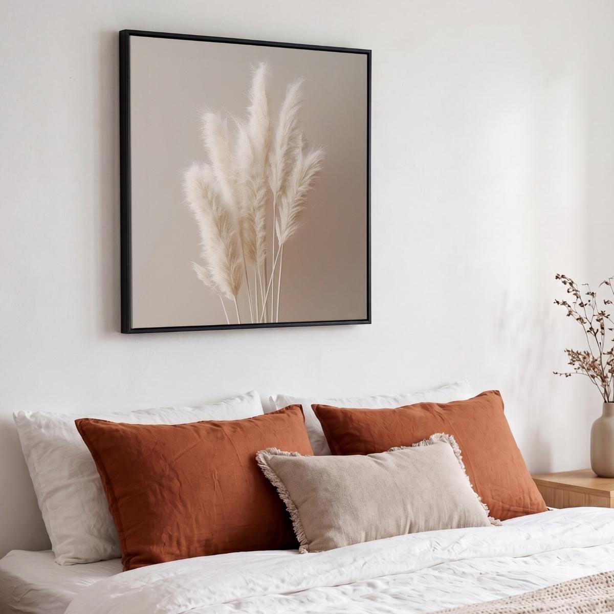 LEINWAND Bilder mit Rahmen - Pampasgras - Federn - Pastell - Weiß - 50x50 - Naturfarben, Textil (50/50cm) - MuchoWow