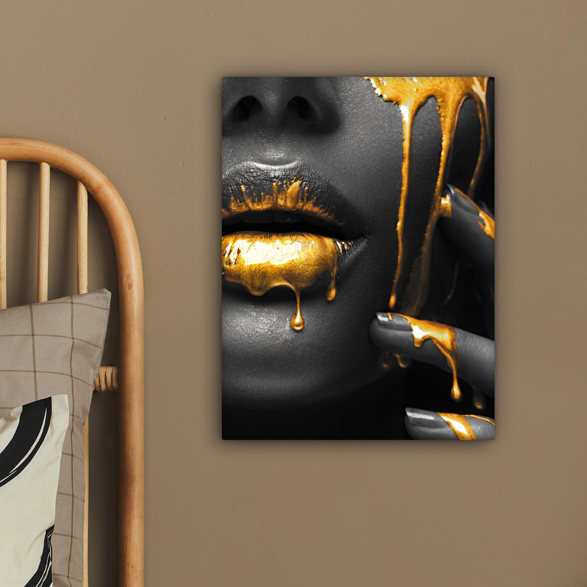 LEINWANDBILD Frau - Schwarz - Gold - Gesicht - Lippen Room Decor 30x40 cm - Goldfarben, Textil (30/40cm) - MuchoWow