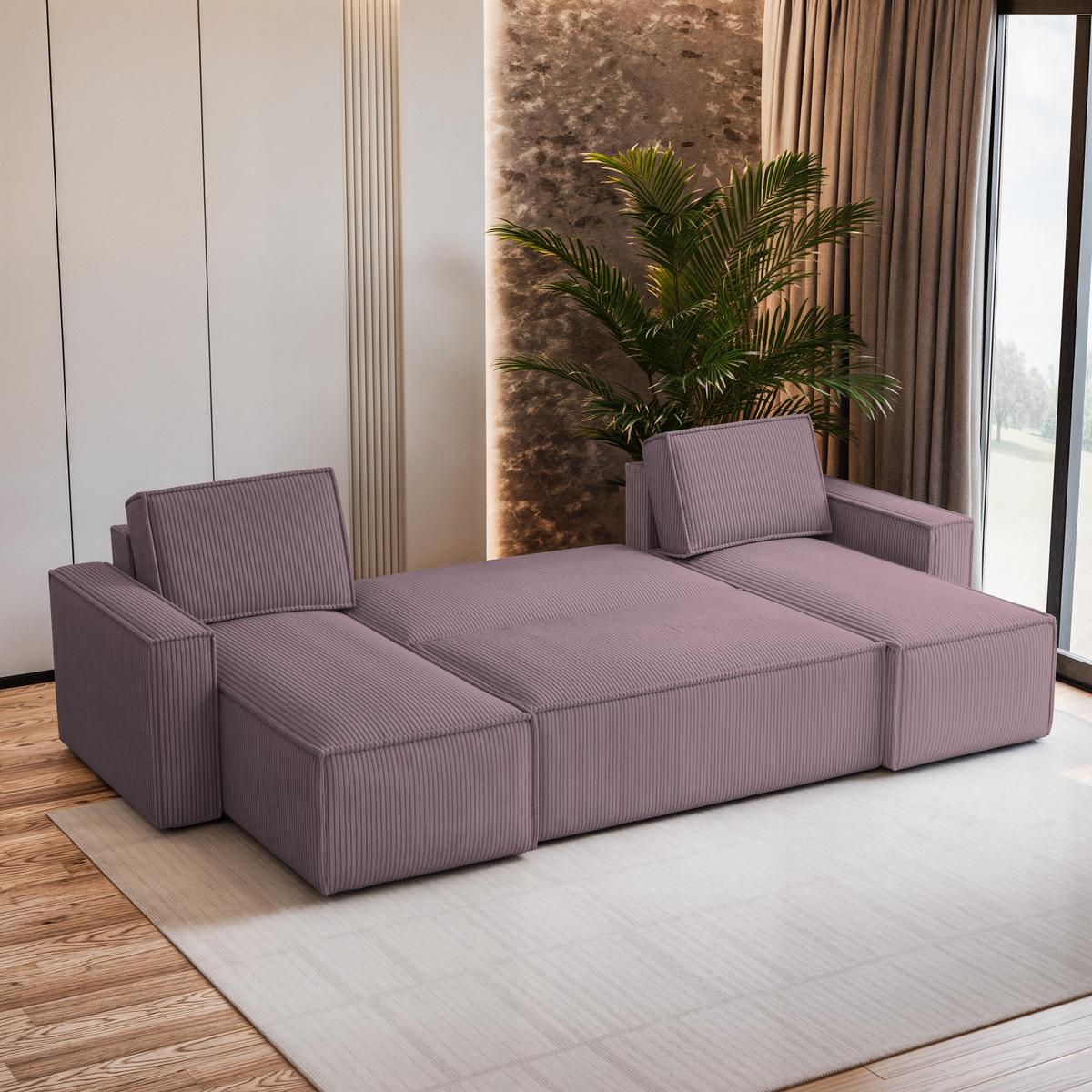 WOHNLANDSCHAFT PESANO P Lila Kordstoff mit Schlaffunktion - Lila/Grau, Holz/Kunststoff (306/85/140cm) - MASSENO