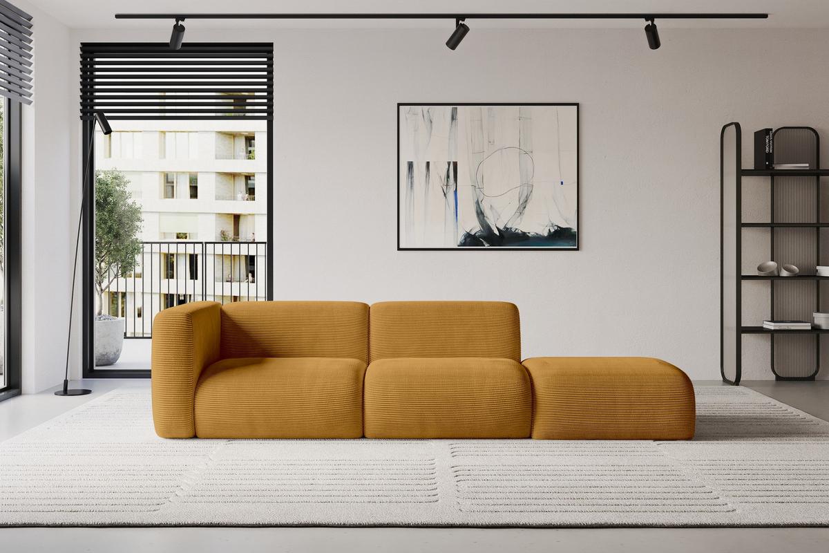 SOFA Ottomane Links MIRA-S3 296x89x70 Senfgelb Cord - Currygelb/Schwarz, Holzwerkstoff/Kunststoff (296/70/89cm) - ALTDECOR