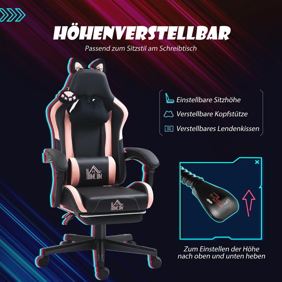 GAMINGSTUHL mit Lendenkissen Rosa, Schwarz - Schwarz, Kunststoff (62/124/65cm) - HOMCOM